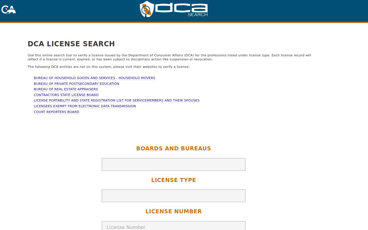 Dinuba resident lookup view of California DCA professional license search