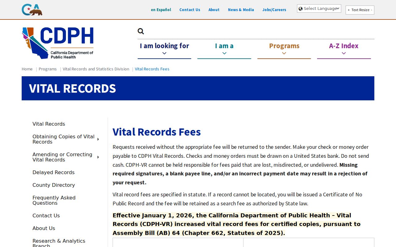 Dinuba resident lookup view of California vital-record fees