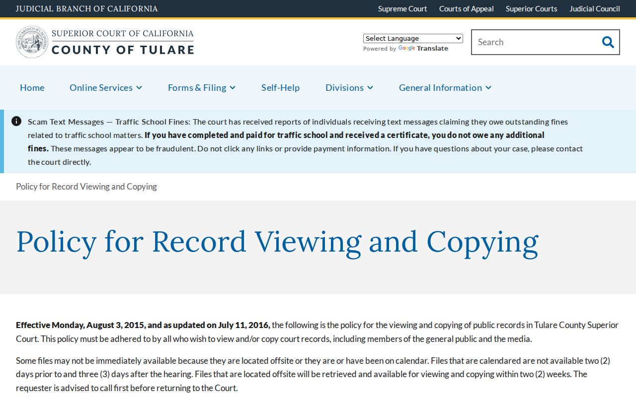 Dinuba resident lookup view of Tulare court record viewing and copying policy