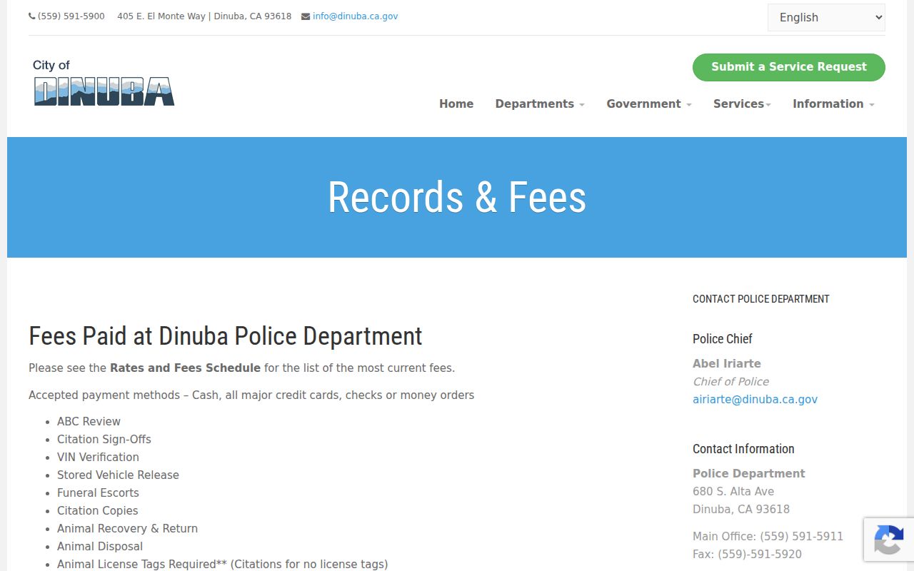 Dinuba resident lookup view of Dinuba police records and fees